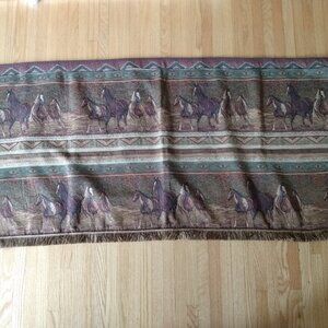 Vintage Horses Tapestry Fabric Wallhanging Fringed Curtain Drapery